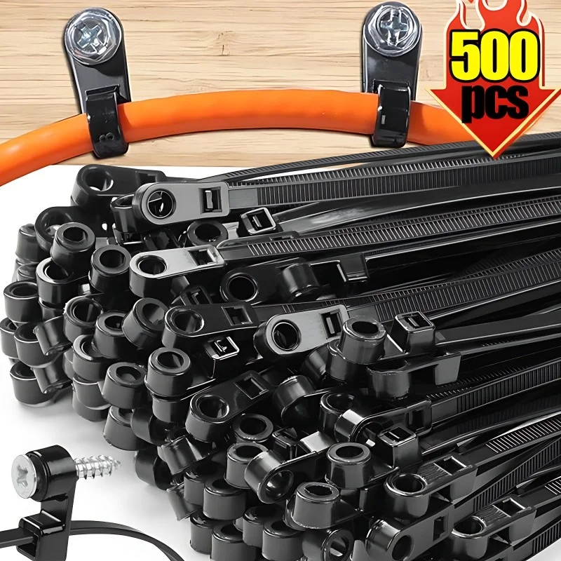 Gear Tie Reusable - สายรัดเคเบิลไนลอนแบบมีรูสำหรับยึด 500/100 ชิ้น ใช้ซ้ำได้ สายรัดเคเบิลแบบล็อคอัตโนมัติ สายรัดรัดสายไฟ