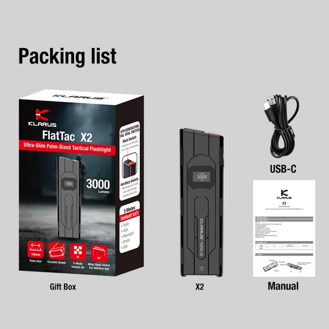 Edc Carry Flashlight - ไฟฉายยุทธวิธี EDC Klarus 3000LM แบบบางพิเศษ ชาร์จซ้ำได้